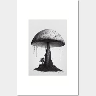 Rustic Mushroom Wall Art Minimalist Greyscale Grunge Posters and Art